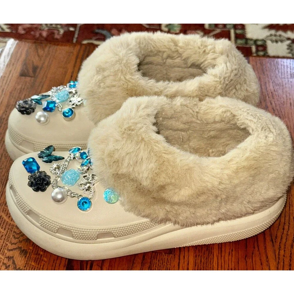 Bling Fur Crocs embellished jibbitz Platform Clog In Ivory W8